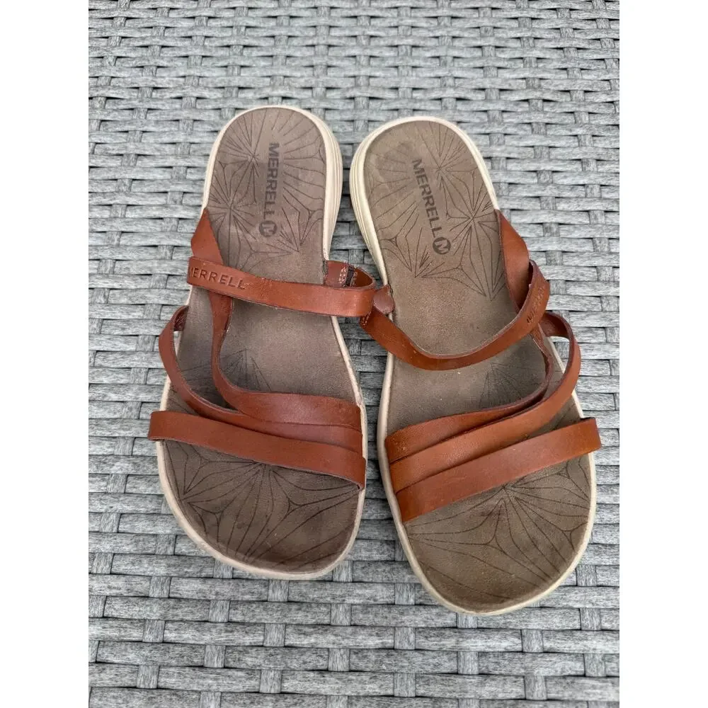 Merrell Duskair Seaway Sandals Slide Open Toe Leather Oak Brown‎ Womens Size 6